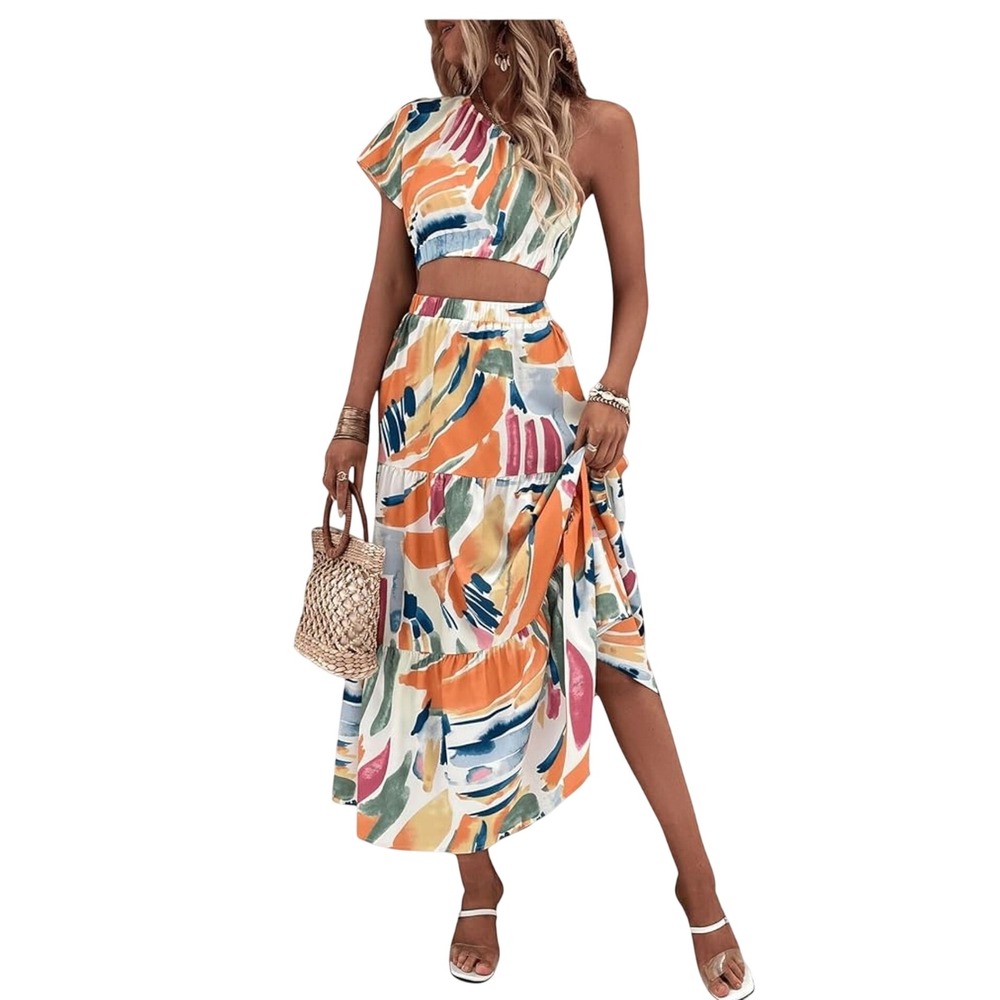 Boho Abstract Print One Shoulder Crop Top and Tiered Maxi Skirt Set Multi